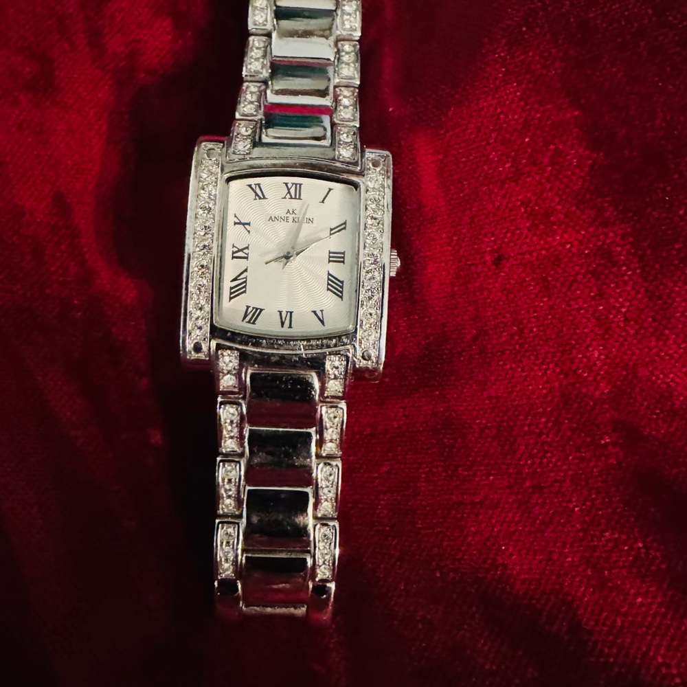 Anne Klein Silver Square Face Watch with Crystal Embellishments